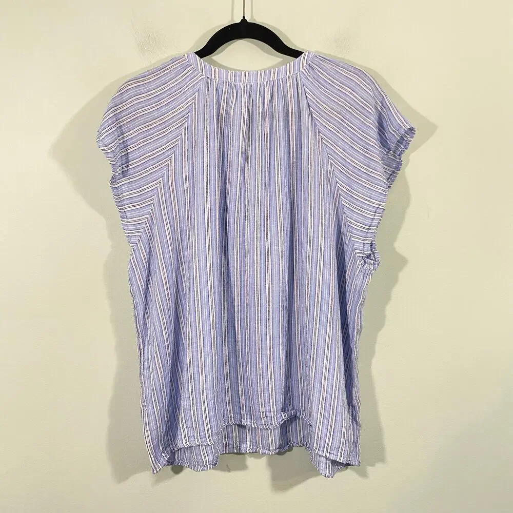 Time & Tru Women's Blue Striped Cap Sleeves Linen Blend Top Size XL (16-18)